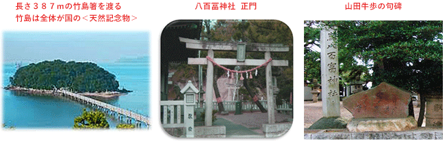 左：長さ387mの竹島箸を渡る竹島は全体が国の＜天然記念物＞ 中央：八百冨神社 正門 左：山田牛歩の句碑