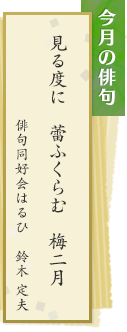 今月の俳句　見る度に　蕾ふくらむ　梅二月　俳句同好会はるひ　鈴木定夫