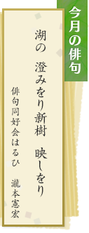 今月の俳句　湖の 澄みをり新樹 映しをり　俳句同好会はるひ　瀧本憲宏