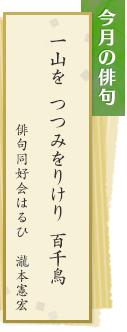 今月の俳句　一山を　つつみをりけり　百千鳥　俳句同好会はるひ　瀧本憲宏