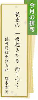 今月の俳句　蓑虫の　一夜抱きたる　雨しづく　俳句同好会はるひ　瀧本憲宏