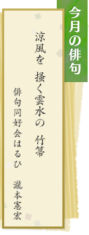 今月の俳句 涼風を 掻く雲水の 竹箒 俳句同好会はるひ　瀧本憲宏