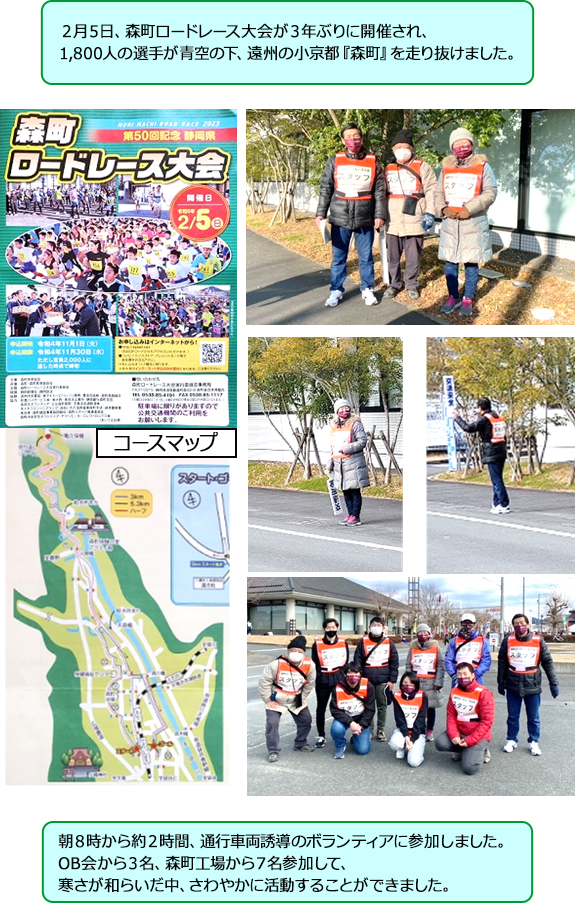 2月5日、森町ロードレース大会が3年ぶりに開催され、1,800人の選手が青空の下、遠州の小京都『森町』を走り抜けました。朝8時から約2時間、通行車両誘導のボランティアに参加しました。OB会から3名、森町工場から7名参加して、寒さが和らいだ中、さわやかに活動することができました。