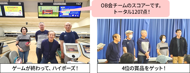 ゲームが終わって、ハイポーズ！OB会チームのスコアーです。トータル1207点！4位の賞品をゲット！
