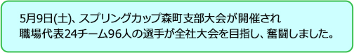 5月9日(土)、スプリングカップ森町支部大会が開催され職場代表24チーム96人の選手が全社大会を目指し、奮闘しました。
