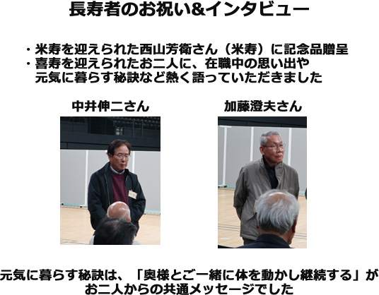 長寿者のお祝い&インタビュー ・米寿を迎えられた西山芳衛さん（米寿）に記念品贈呈・喜寿を迎えられたお二人に、在職中の思い出や元気に暮らす秘訣など熱く語っていただきました。元気に暮らす秘訣は、「奥様とご一緒に体を動かし継続する」がお二人からの共通メッセージでした。