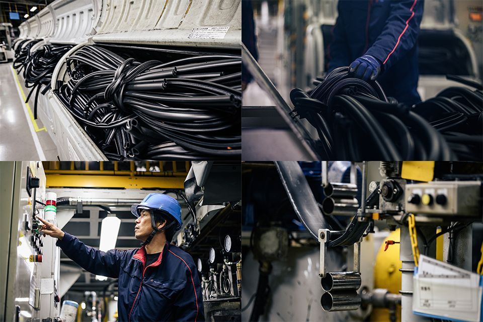 回収されたウェザストリップの廃ゴムは、断裁され、リサイクルゴムへ。そして新材に配合されてまた新たなウェザストリップへと生まれ変わる。