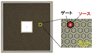 開発したMOSFETチップ(顕微鏡写真)